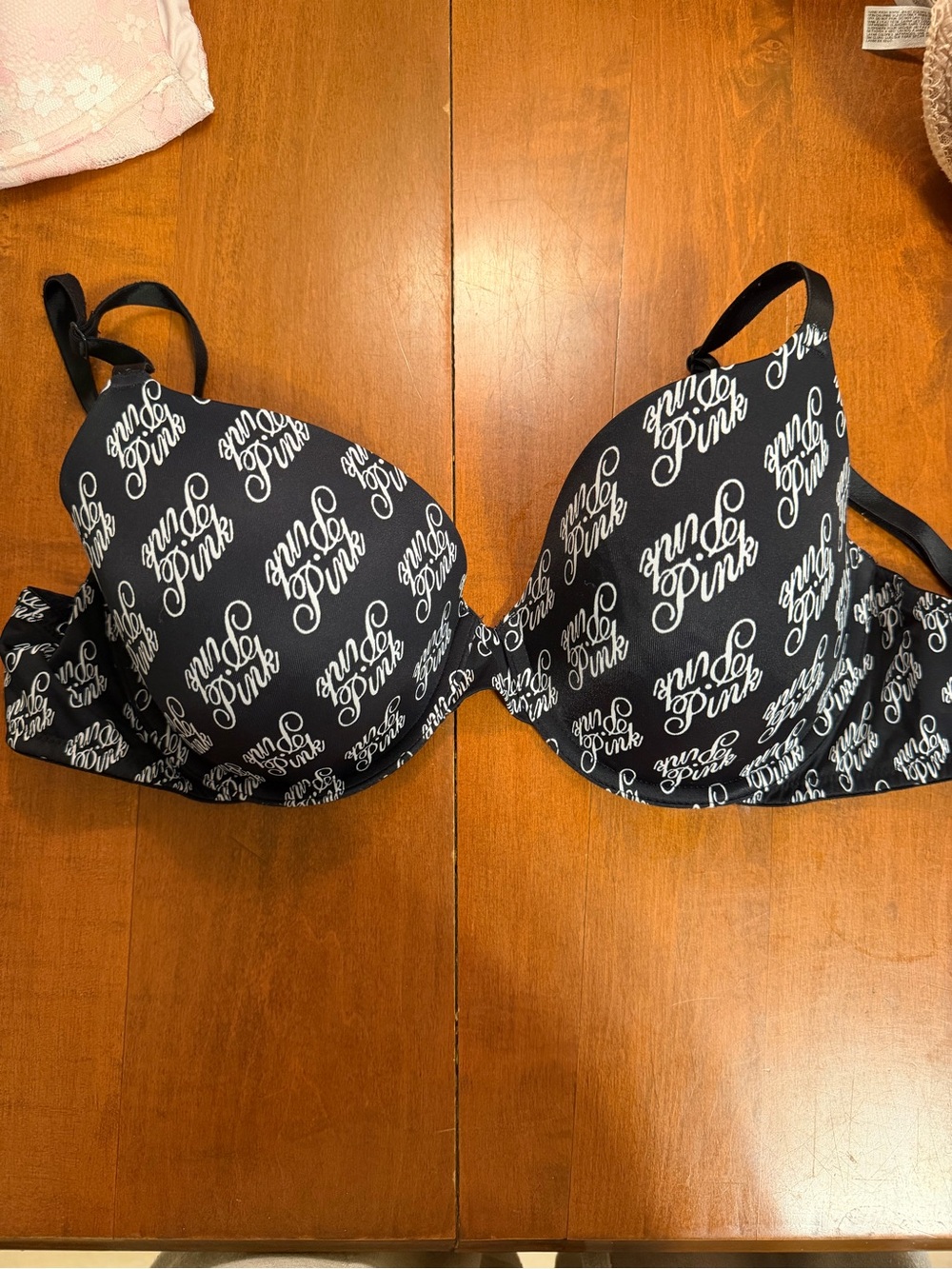 PINK Victoria's Secret Black Bikini Top with White Logo Print
